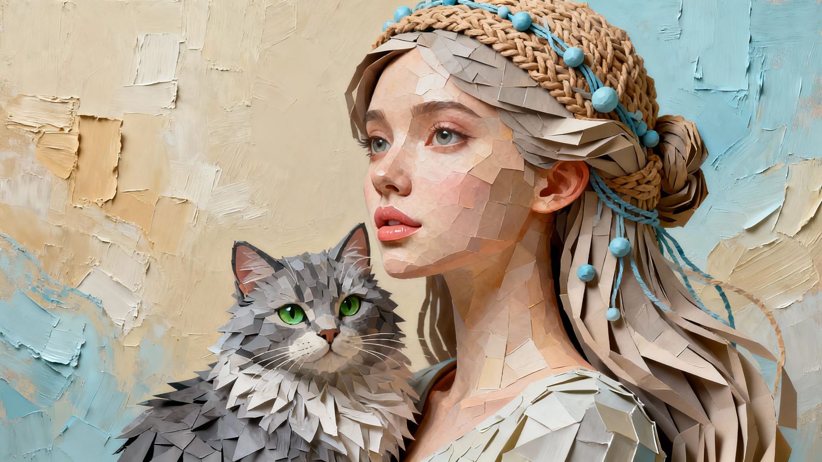 Ethereal Woman with Cat in Patchwork Impasto Style