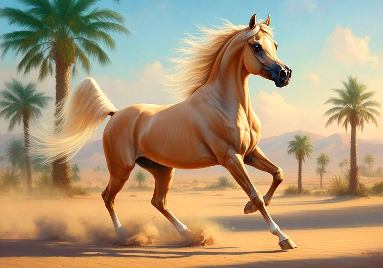 Arabian Horse Galloping in Desert Landscape