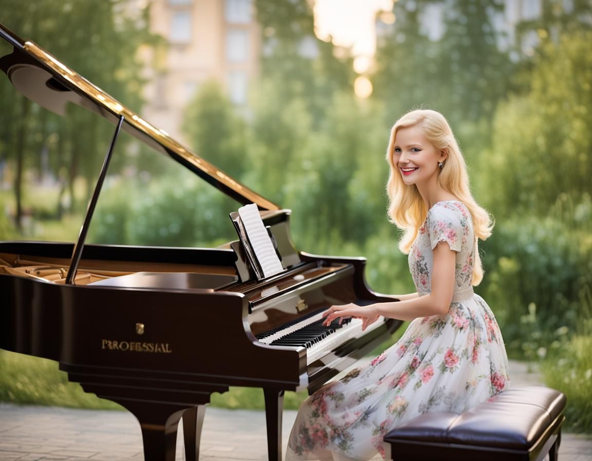 Elegant Woman Plays Piano in Soft Focus