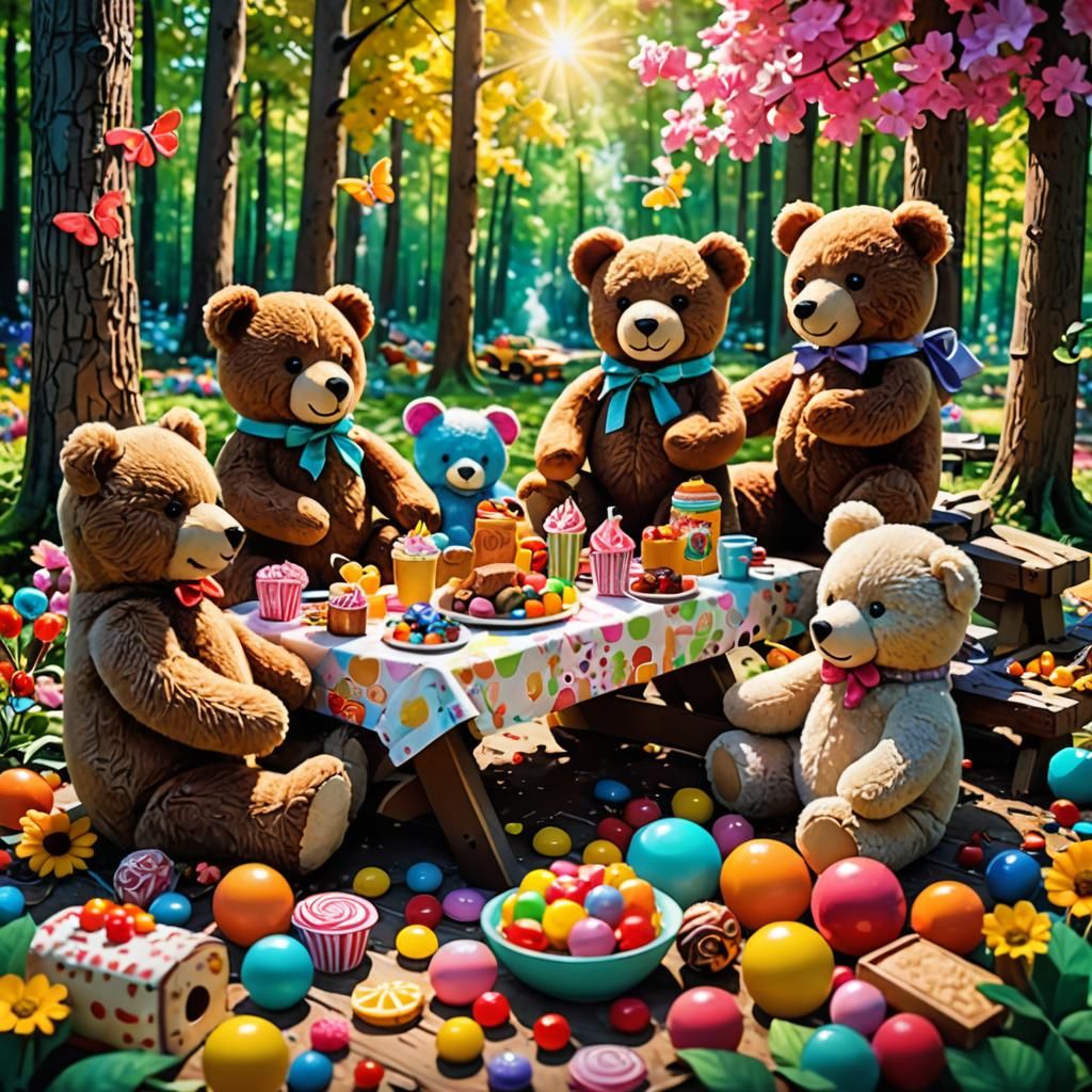 Whimsical Teddy Bears' Forest Picnic in Vibrant Candy Art St...