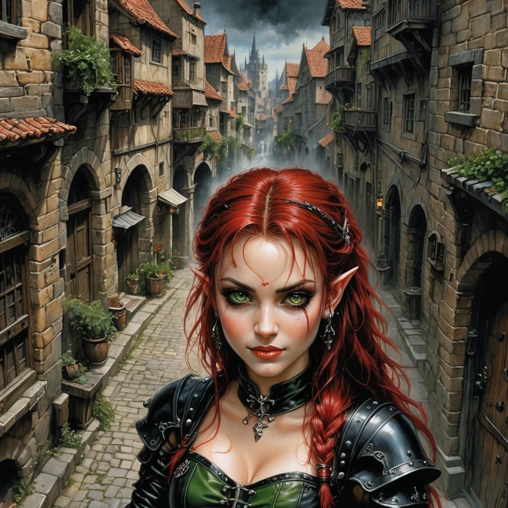 Medieval Fantasy Halfling Maiden in Dark Alleyway