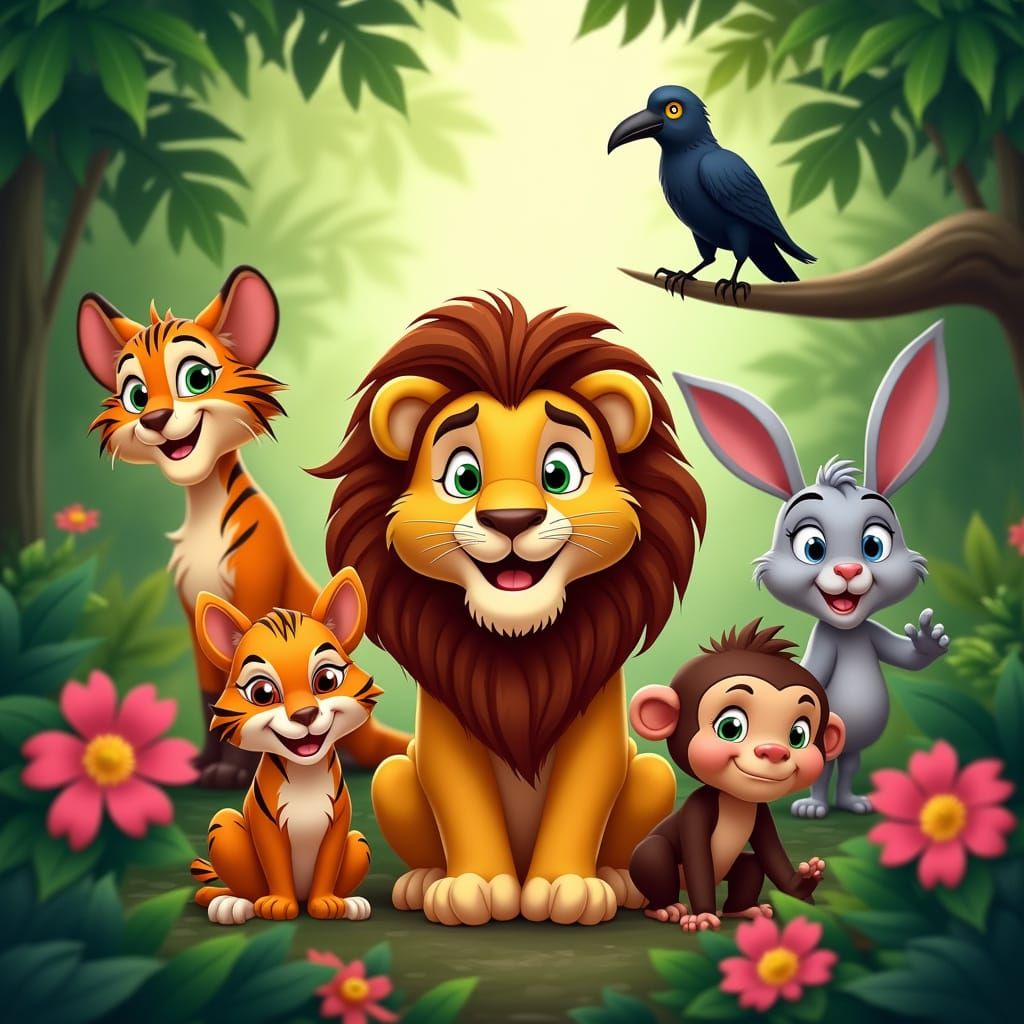 Majestic Jungle Friends Unite in Classic Cartoon Style