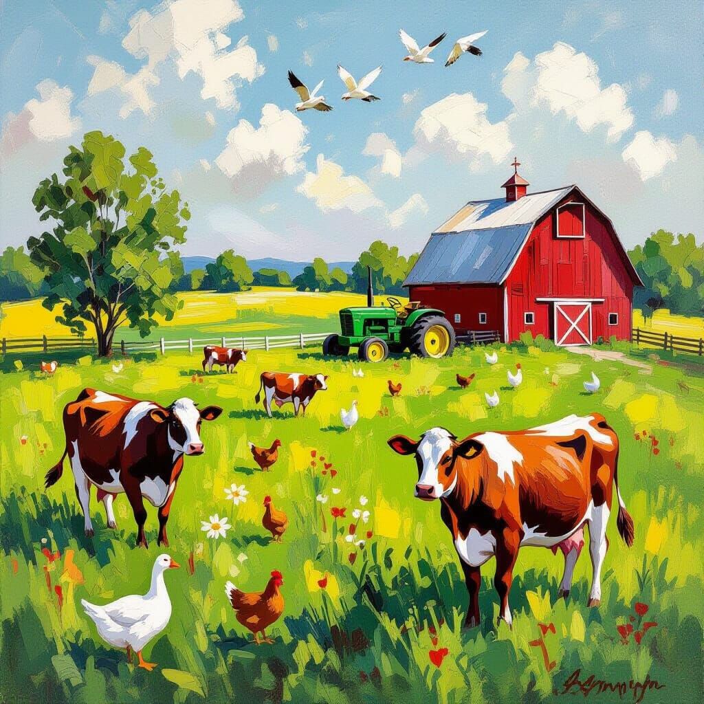 Cows and Chickens in Emerald Pasture: Abstract Art
