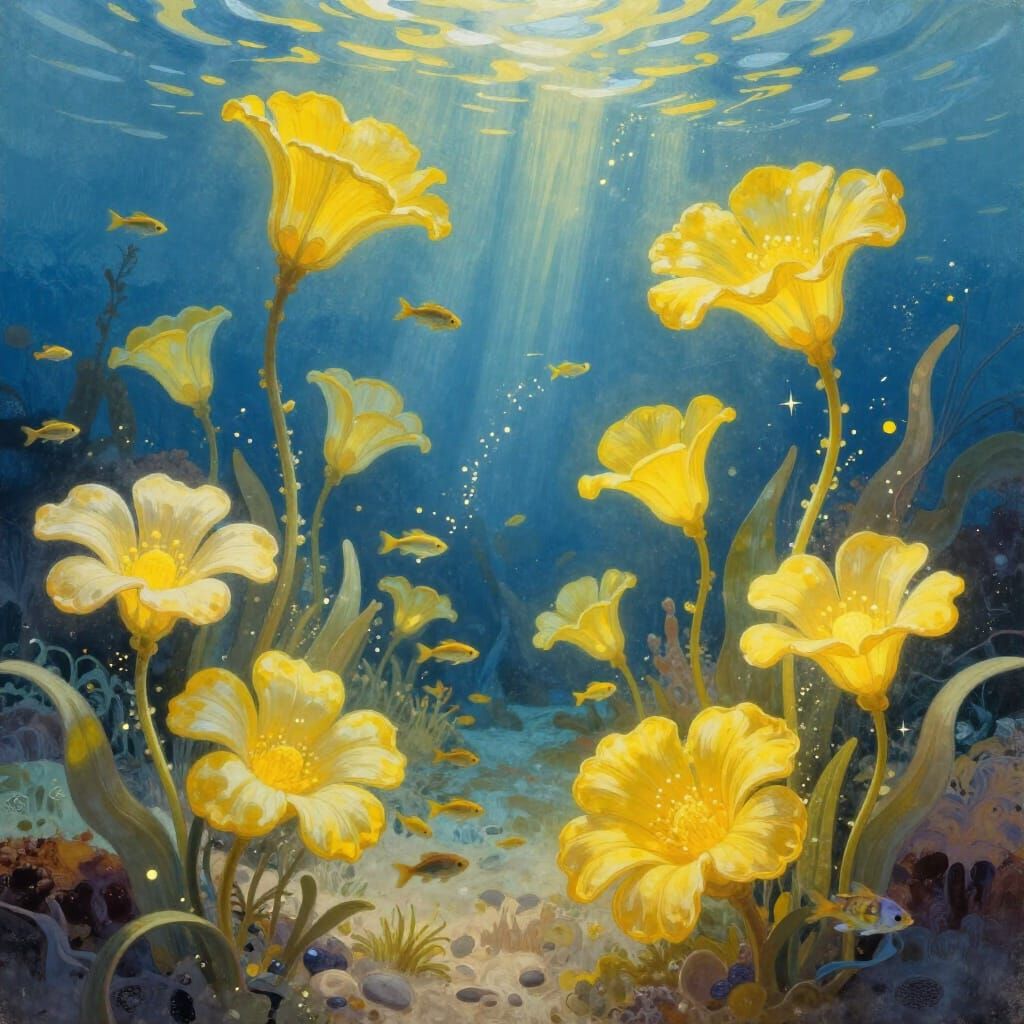 Bioluminescent Underwater Garden in Gouache Style