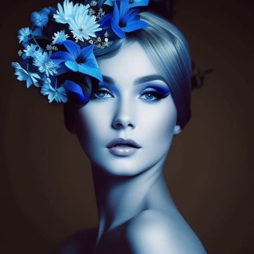Ethereal Fantasy Portrait with Blue and White Flowers in Hai...