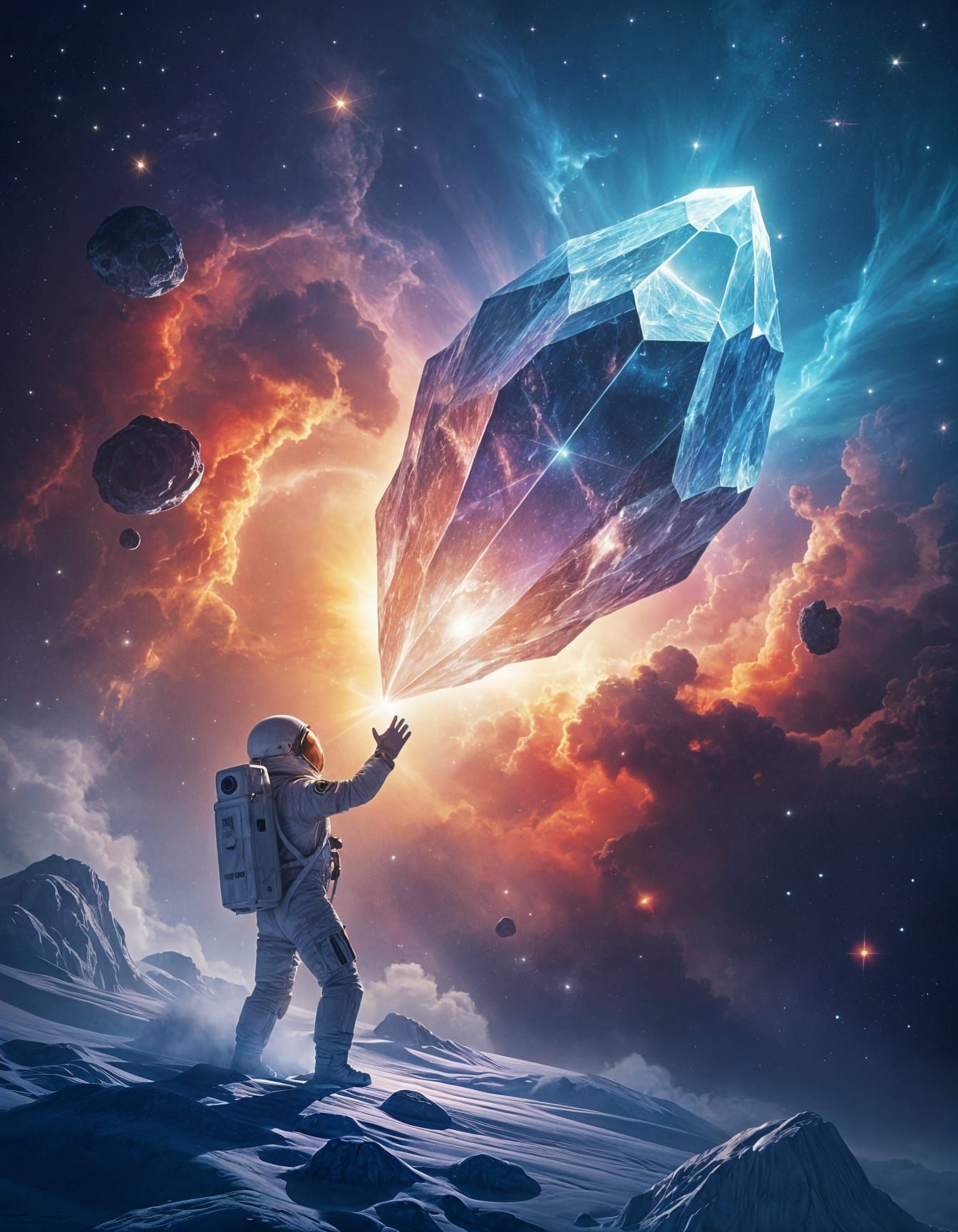 Astronaut Reaches Crystalline Asteroid in Swirling Nebula