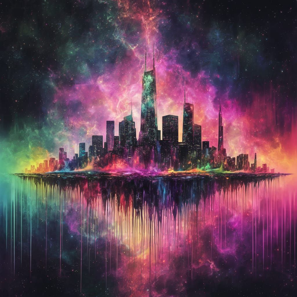 Vibrant Cosmic Cityscape in Dripping Paint Style