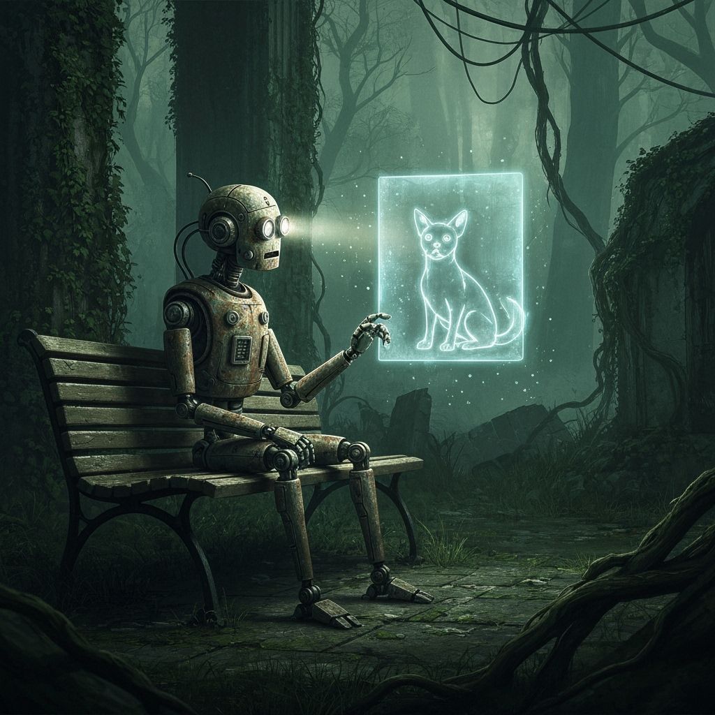 Rusted Robot Remembers Lost Pet in Ethereal Glow