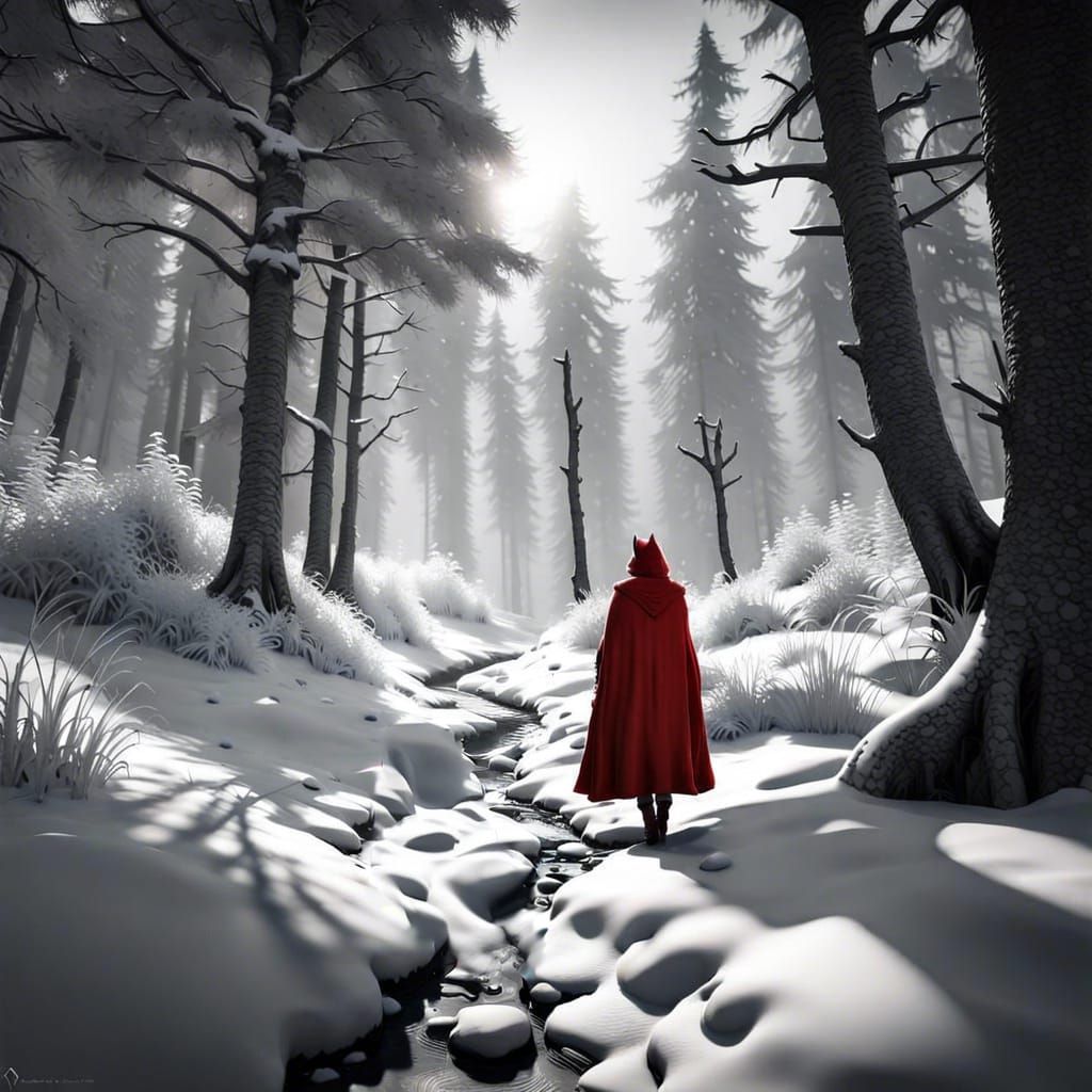 Epic Monochrome Red Riding Hood in Snowy Winterscape, 3D Cin...