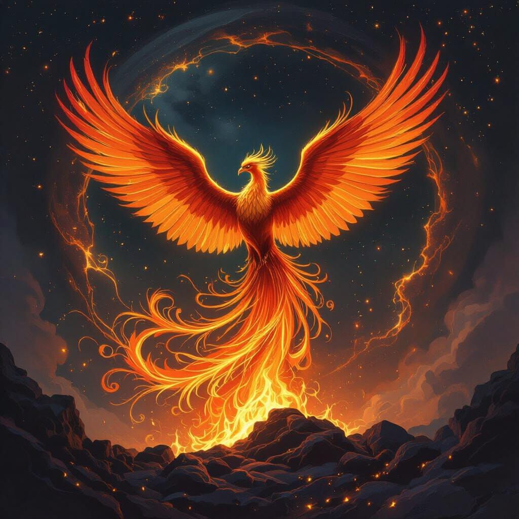 Majestic Phoenix Rises from Cosmic Embers in Fantasy Style
