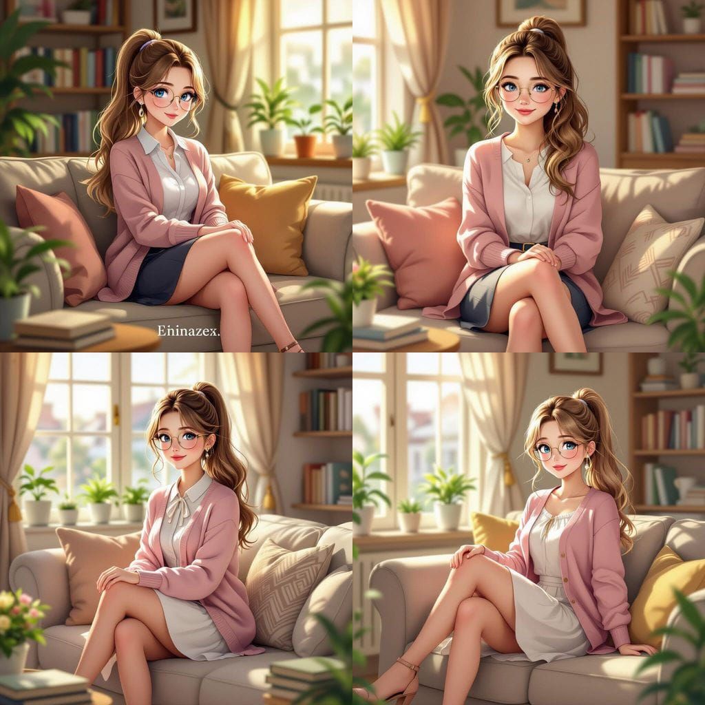 Cute Librarian Emily in Cozy Apartment, Anime Style