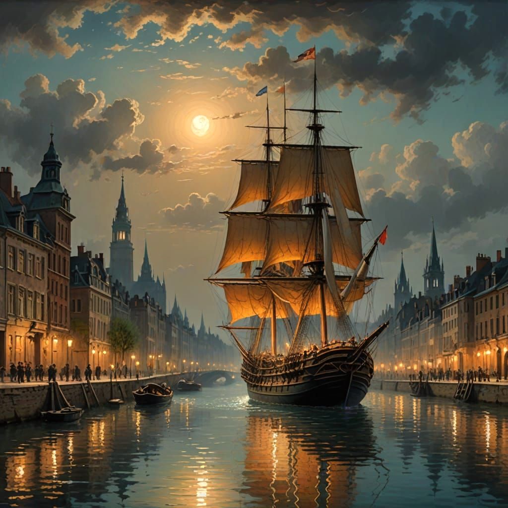 Sailing Ship Navigates Historic European City at Night