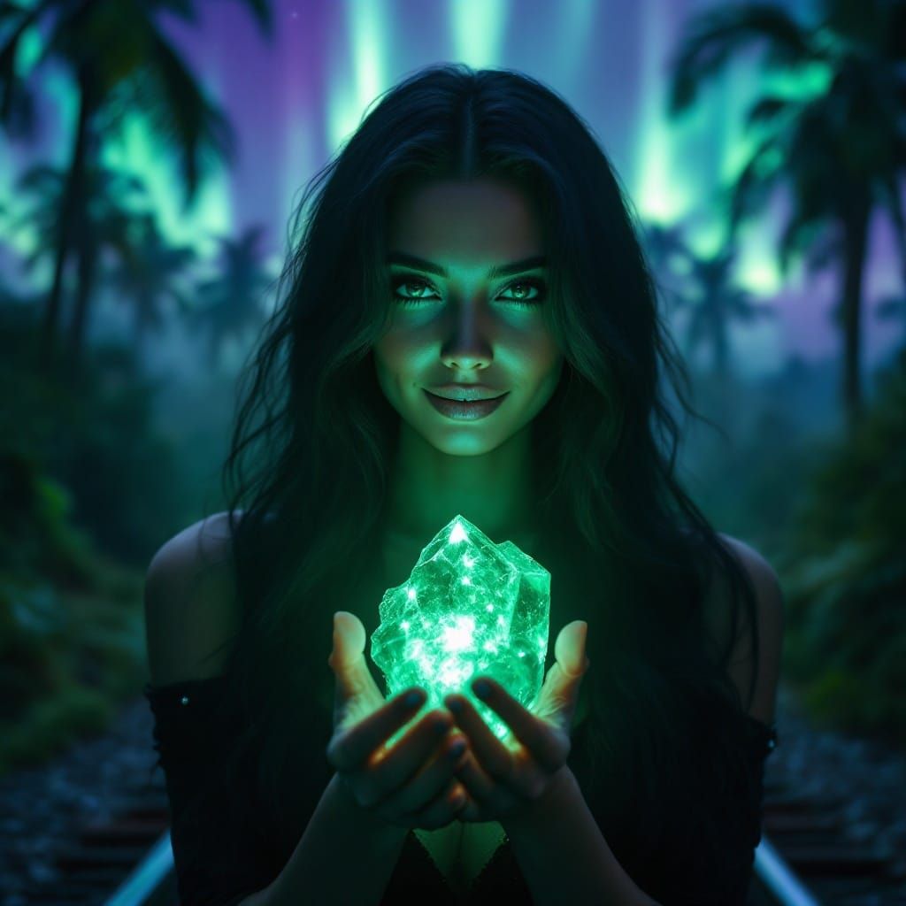 Ethereal Tropical Railway Landscape with a Woman and Glowing...