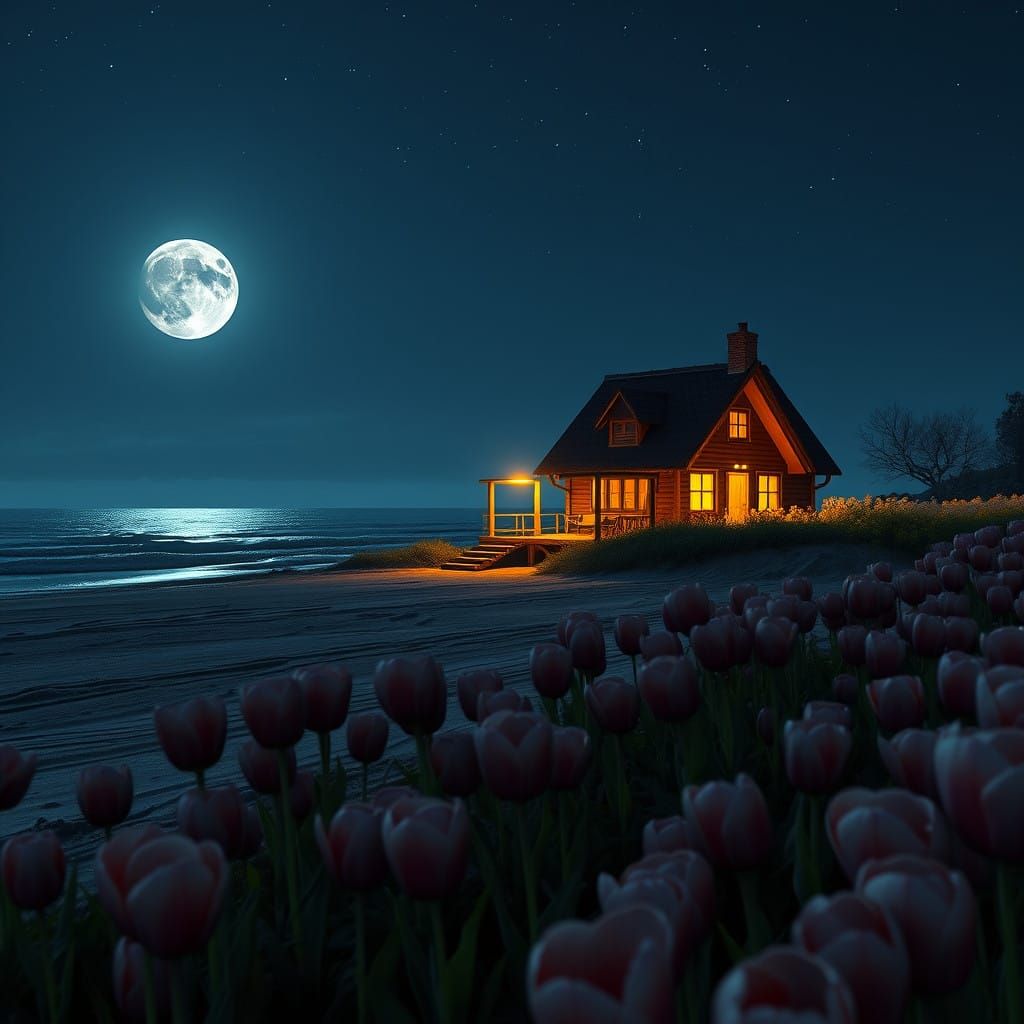 Dramatic Nighttime Beach Scene with Starry Sky and Full Moon