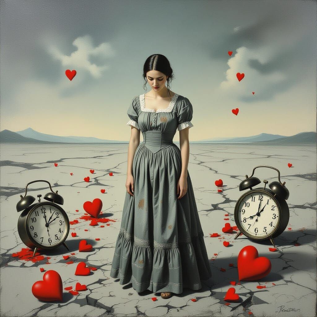 Melancholic Woman in Desolate Landscape, Surreal Art