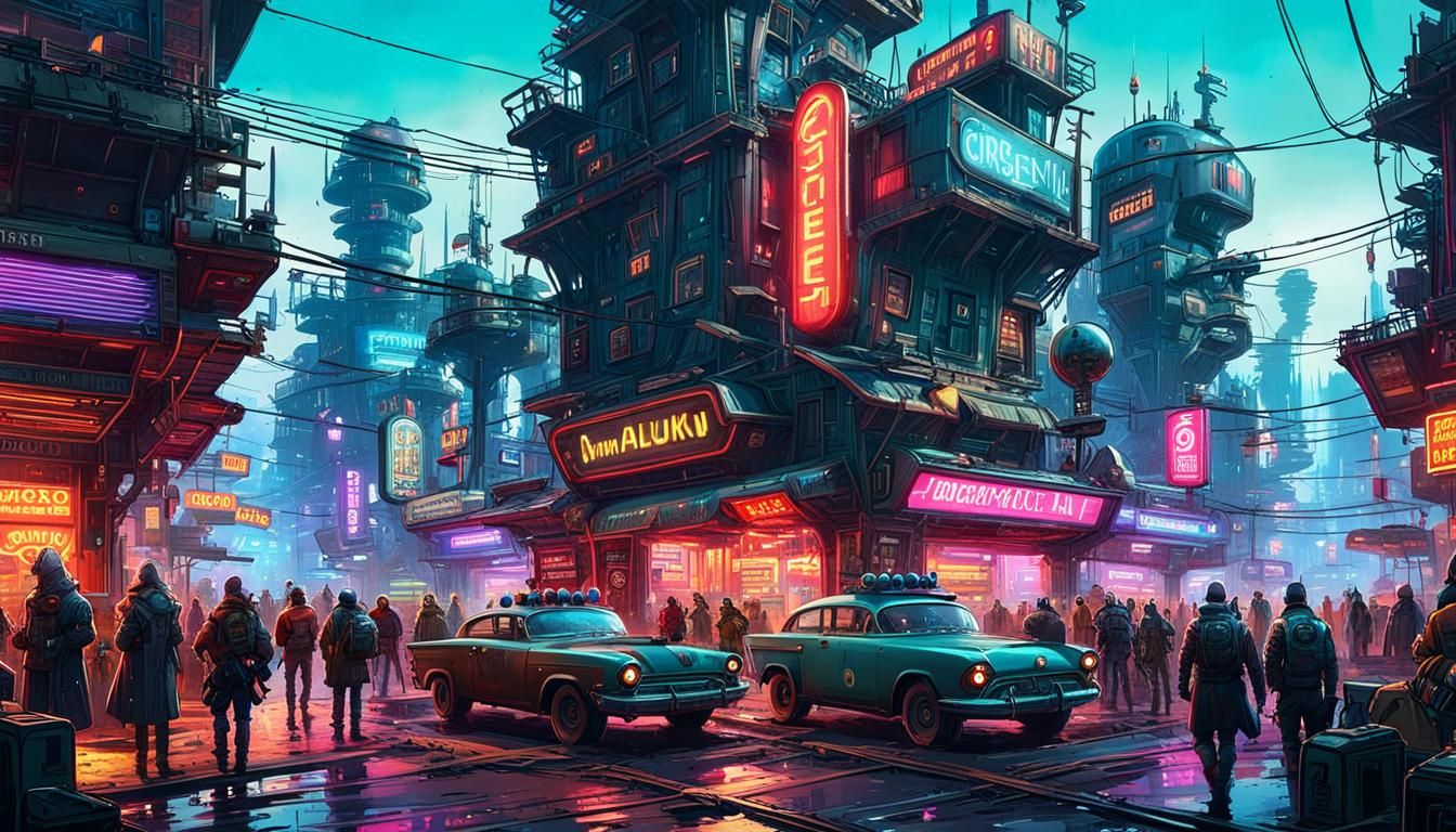 Vibrant Cyberpunk Alleyway Scene in a Futuristic Alien Town