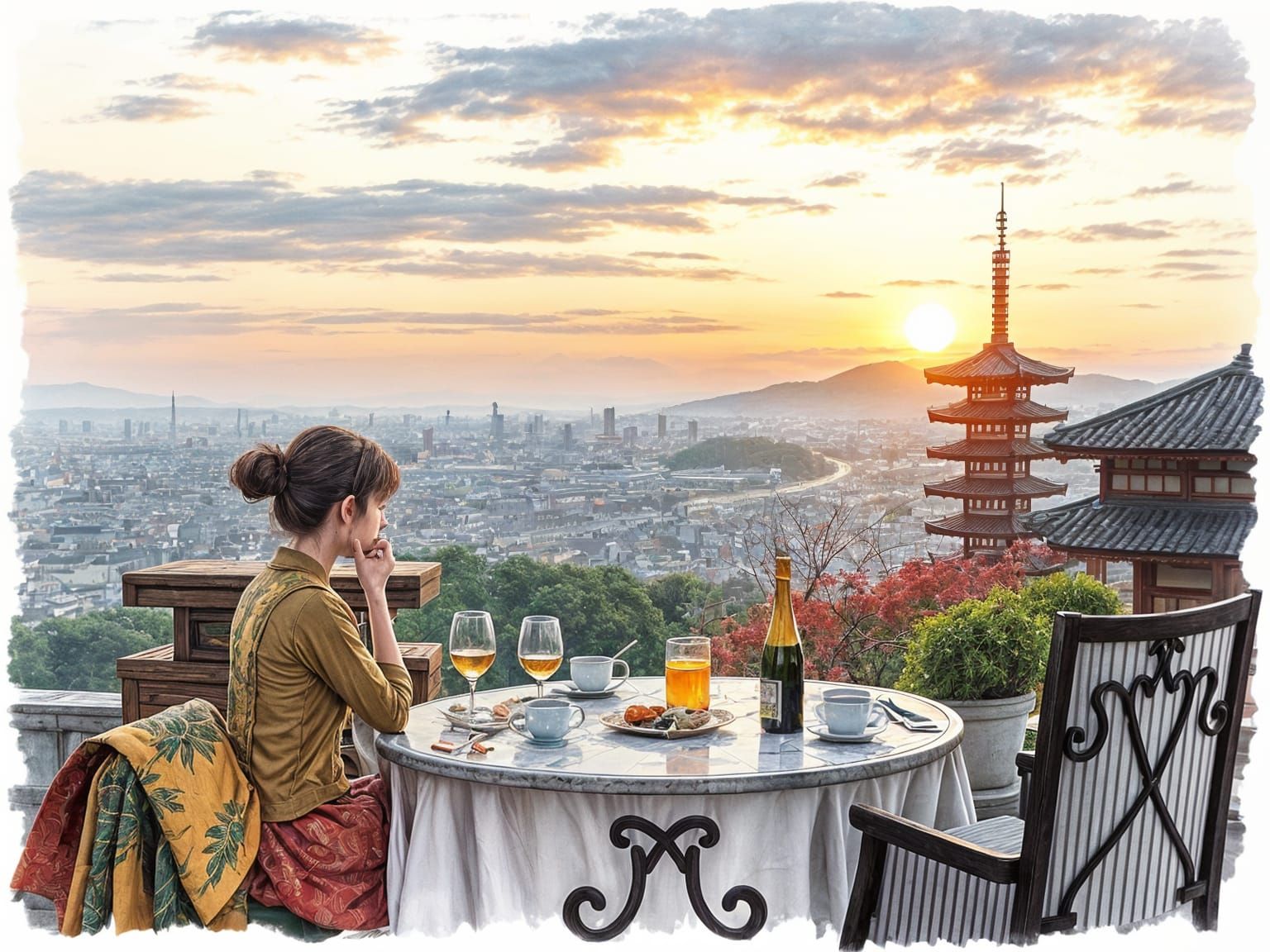 Vibrant Sunrise Rooftop Scene in Whimsical Watercolor