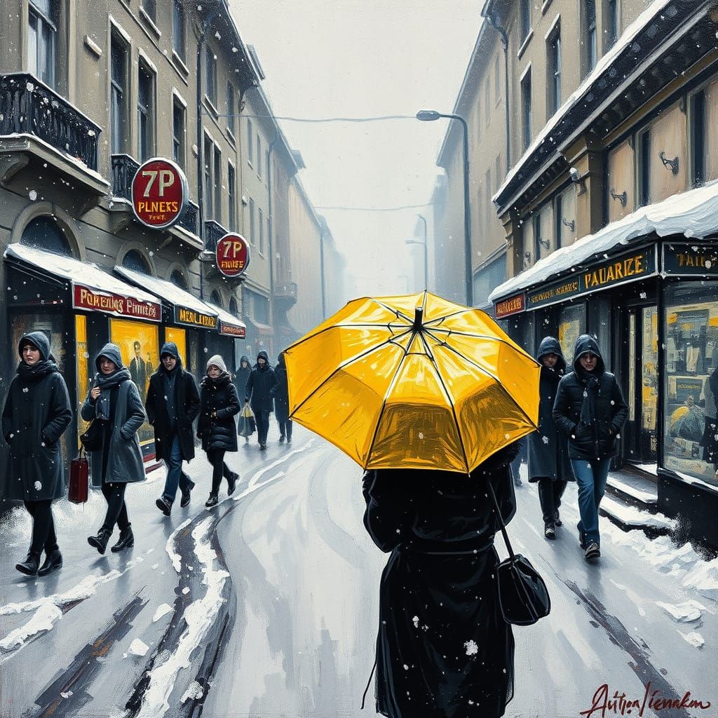Woman with Yellow Umbrella in Expressionist Winter Scene