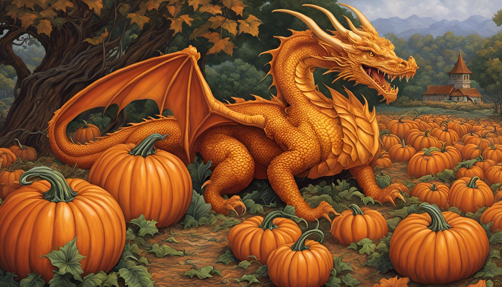Fantasy Dragon in Pumpkin Patch