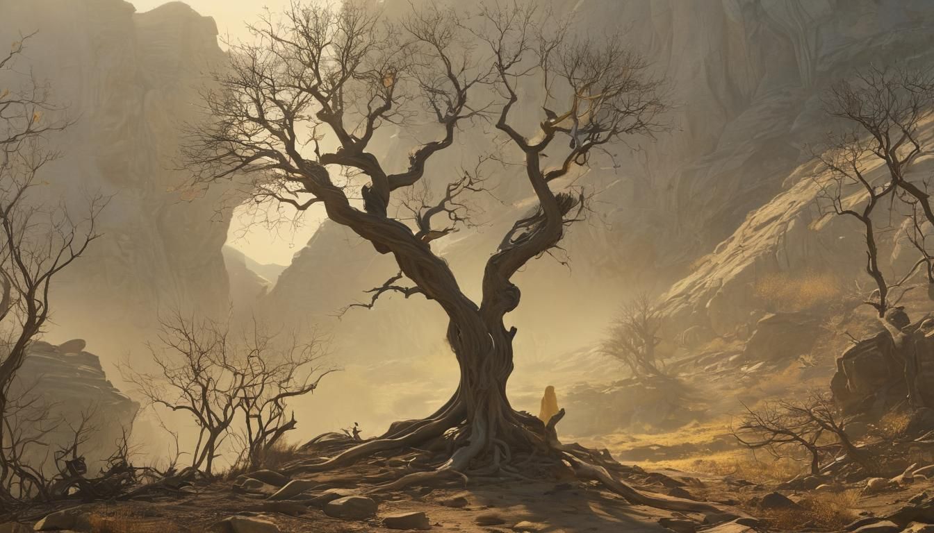 Ethereal Figure Amidst Twisted Landscapes in Muted Colors