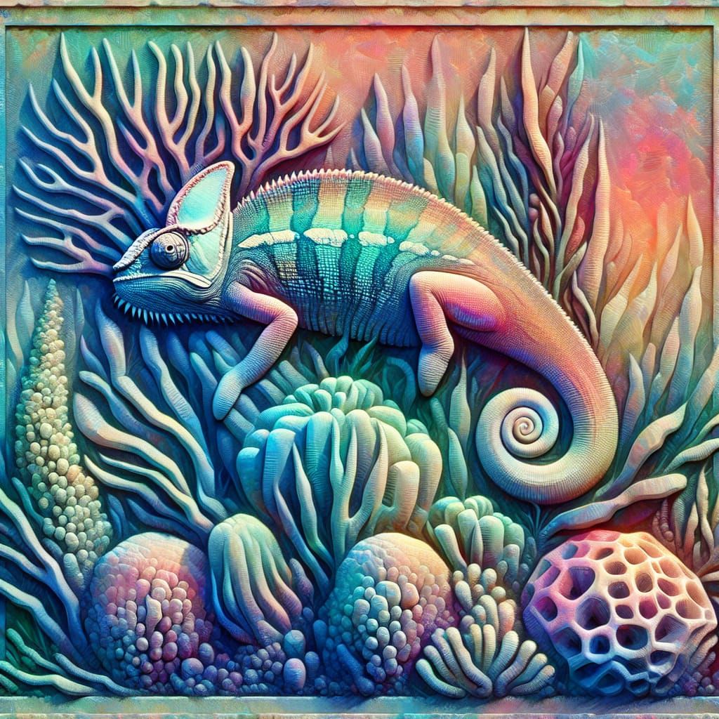 Vibrant Pastel Chameleon in Coral Reef Bas-Relief