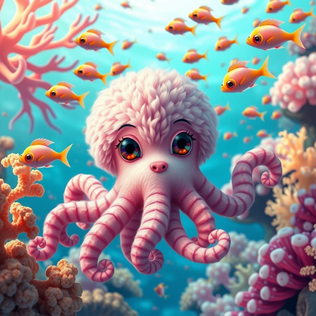 Whimsical Octopus Puppy in Colorful Coral Reef