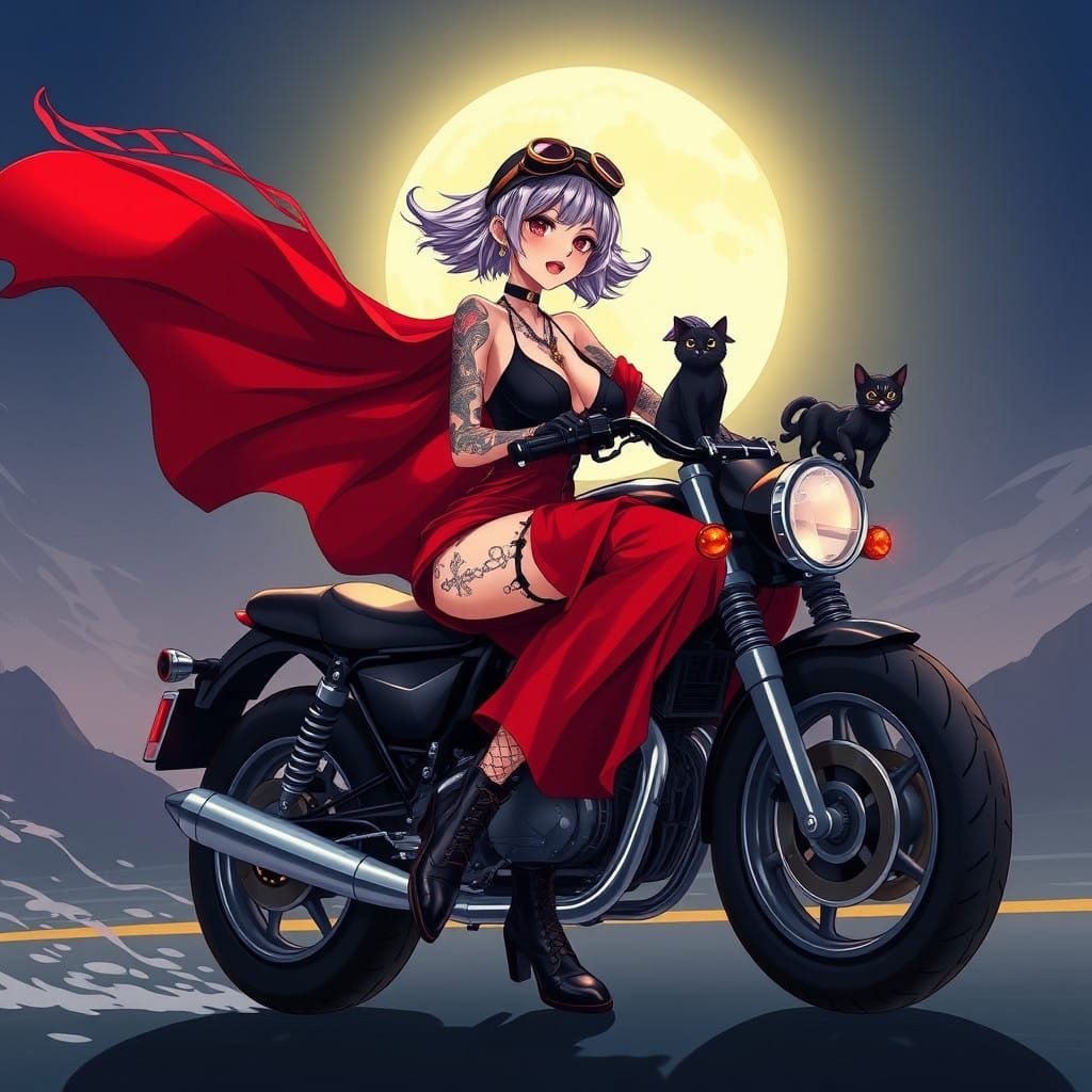 Beautiful woman with short windswept silver purple and black hair she has tattoos, wearing a small steampunk hat, she is...