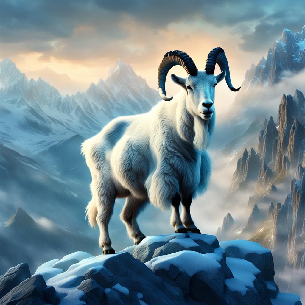 Surreal Fantasy Landscape with Majestic Mountain Goat