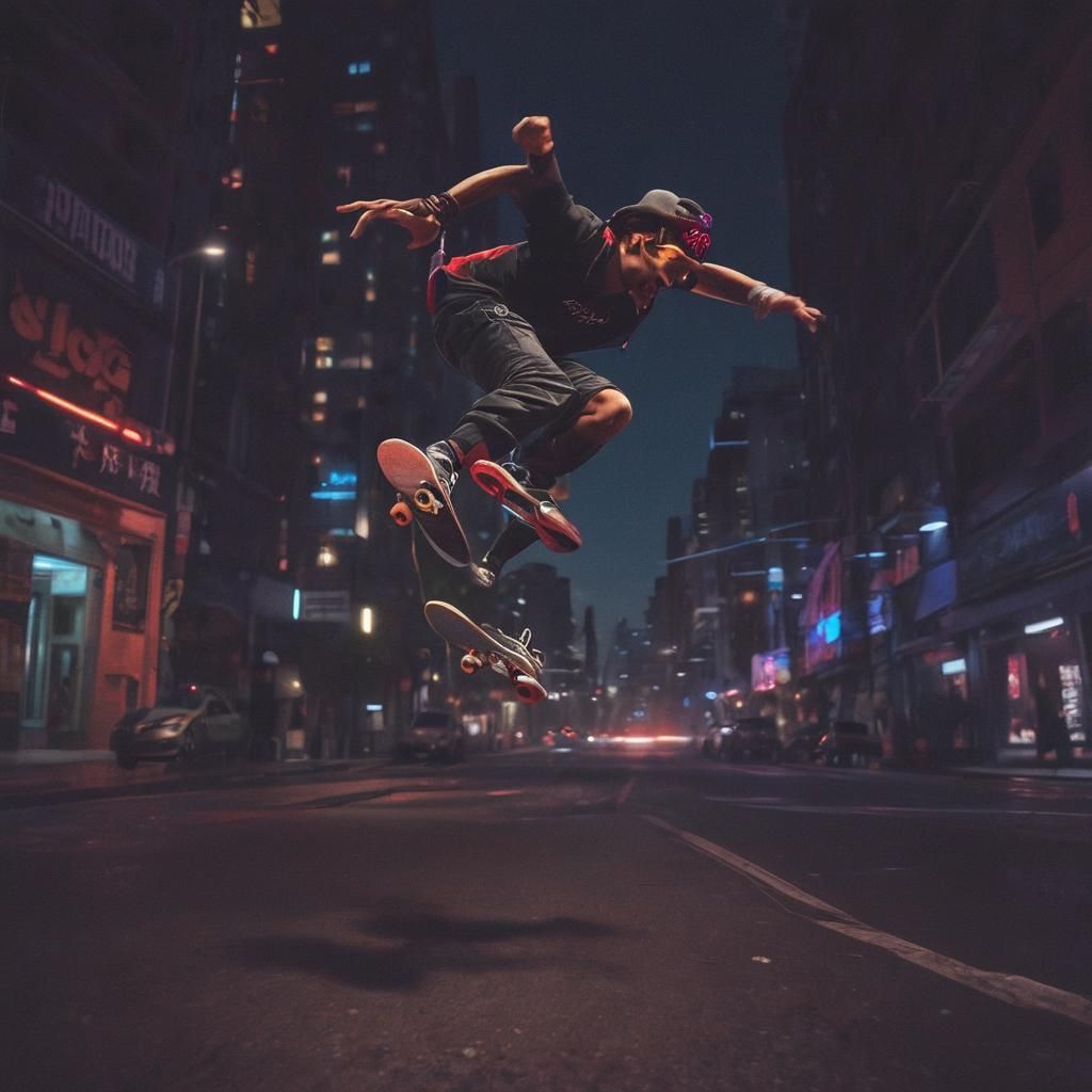 Thrilling Urban Skateboarder in Neon Lit Night