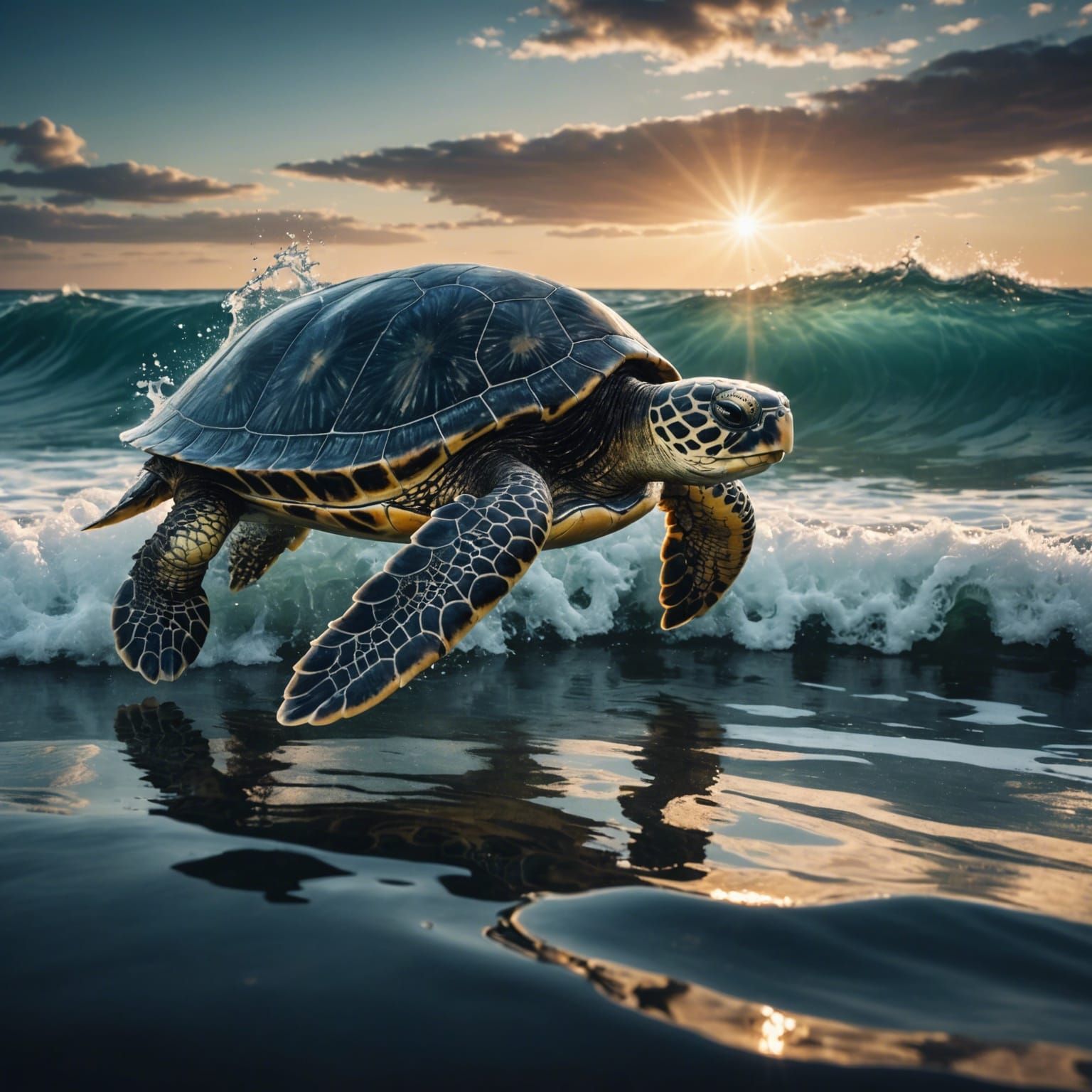 Hyperrealistic Turtle in Shimmering Waves