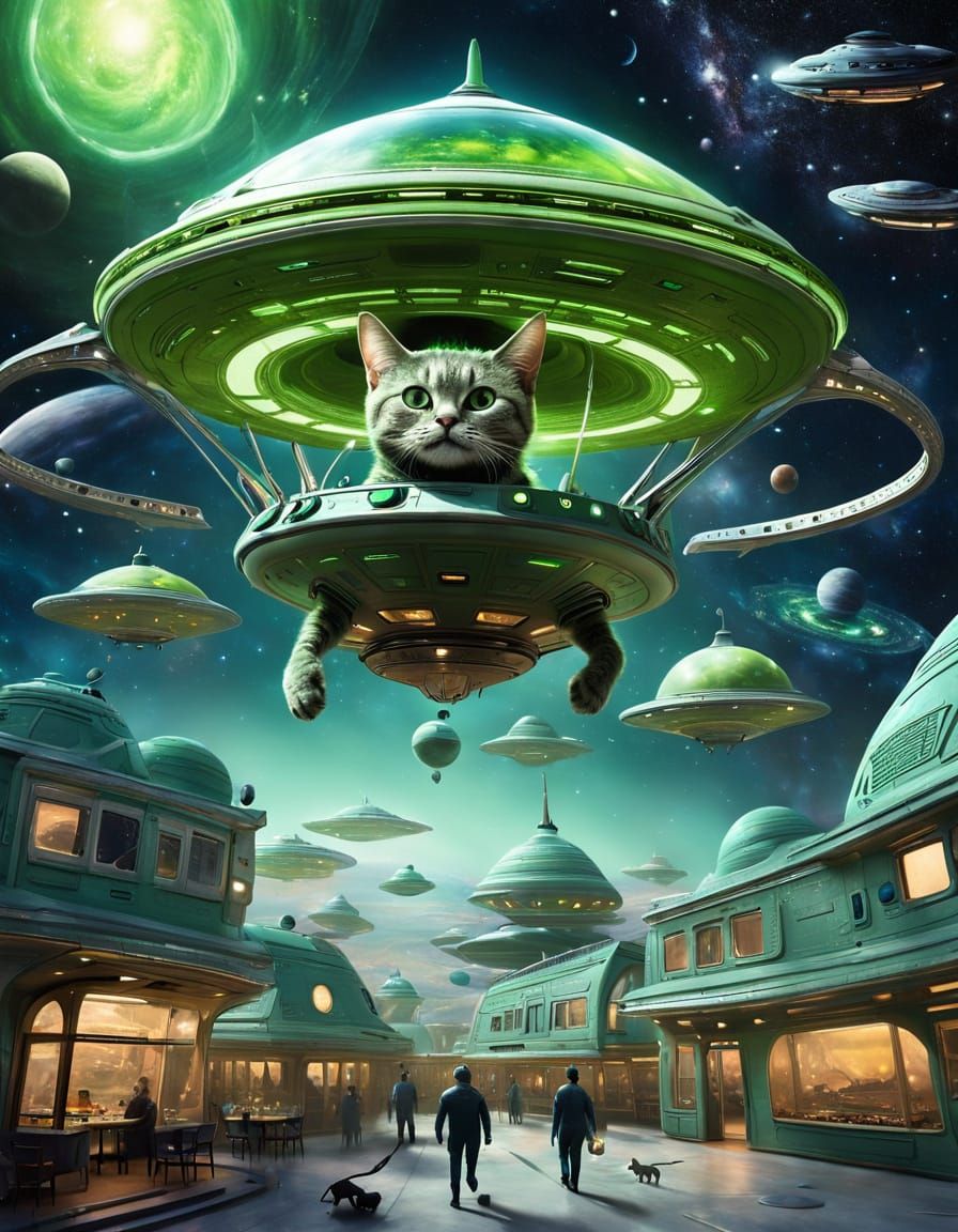Green Alien Cat Piloting a UFO in Space