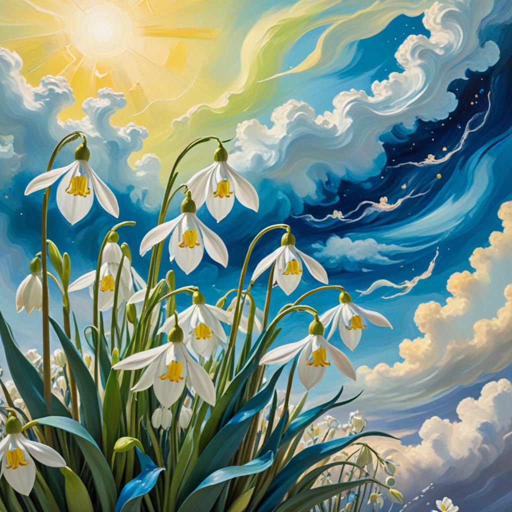 Surrealist Snowdrop Blooms in Electric Blue and Sunshine Yel...