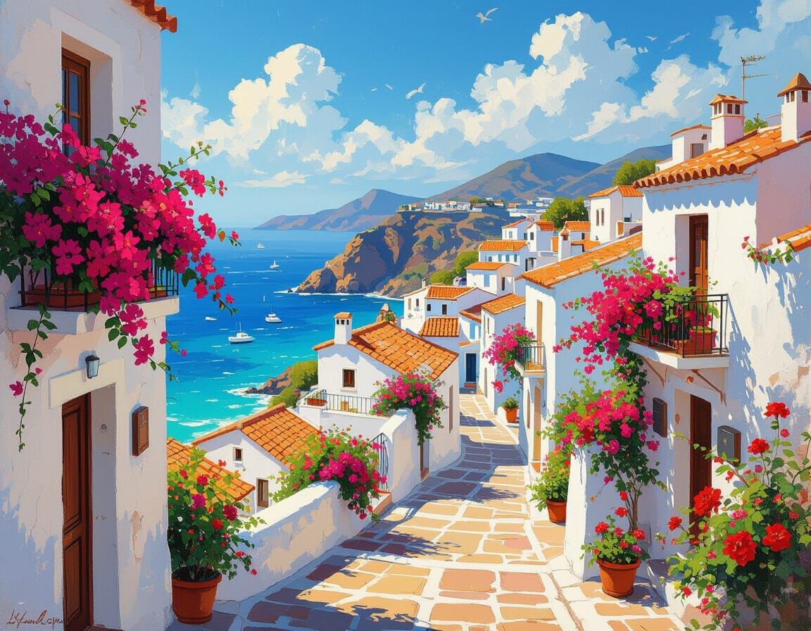 Vibrant Mediterranean Coastal Town with Blooming Flowers
