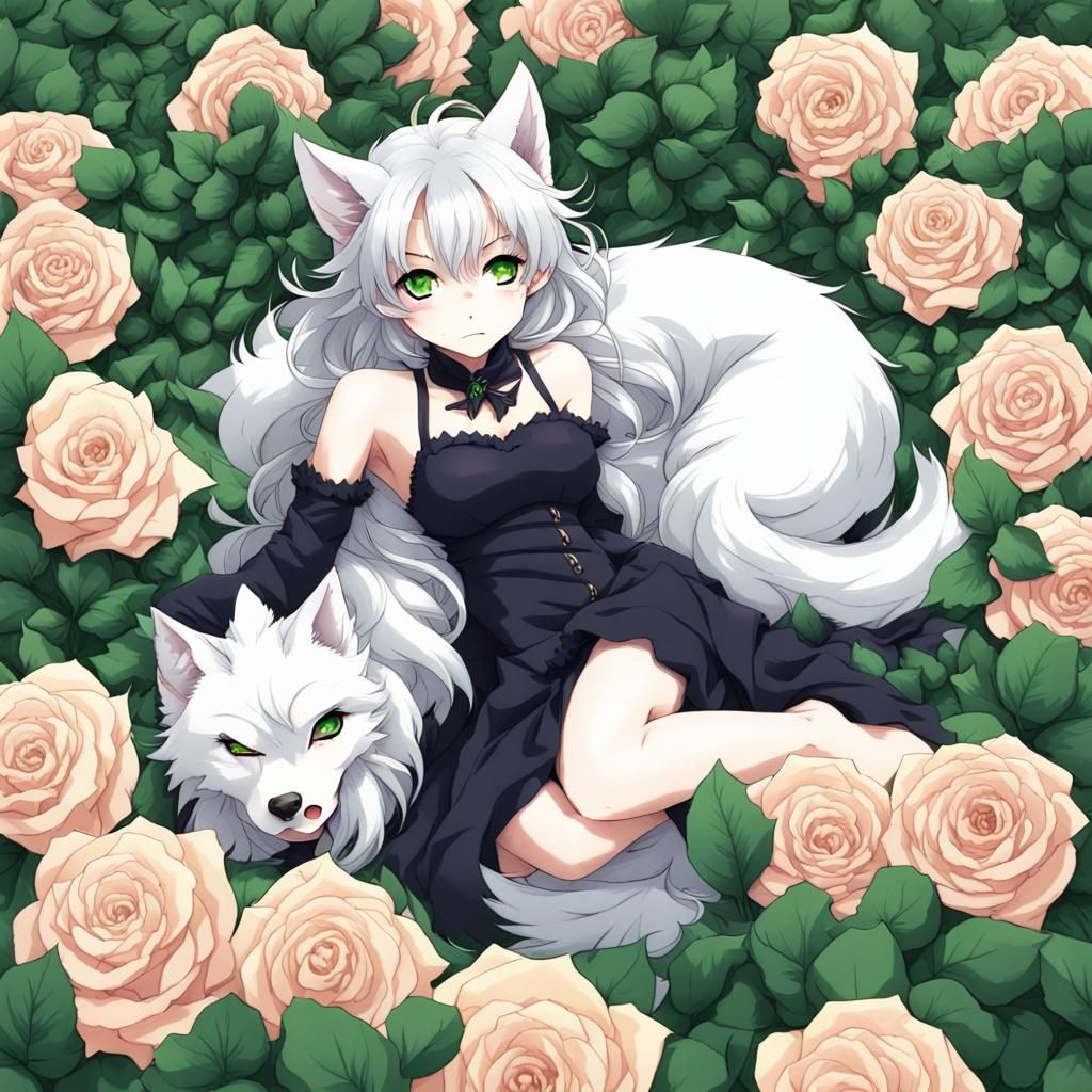 Wolf Demon Basks Among Green Roses in Anime-Style Art