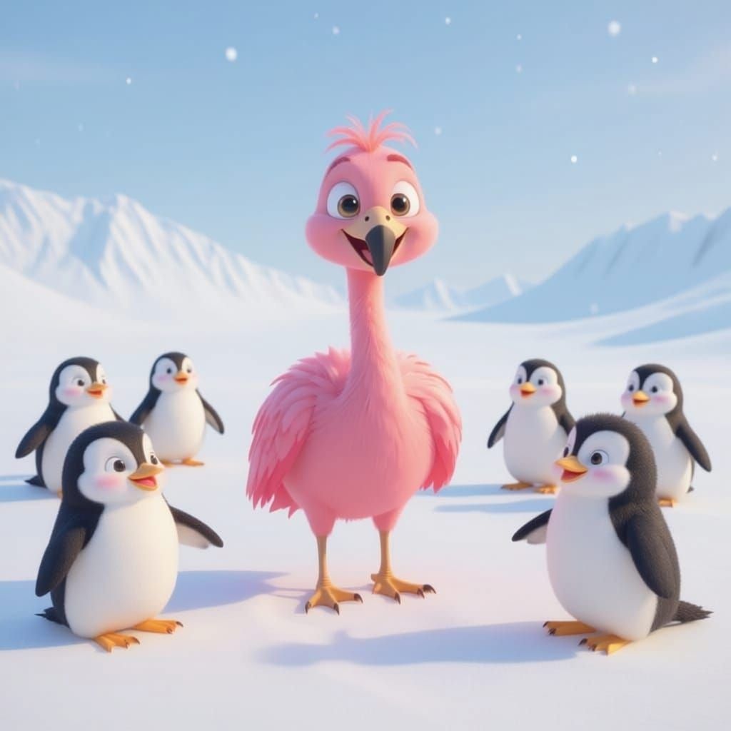 Happy Pink Flamingo with Cartoon Penguins, Children's Book S...
