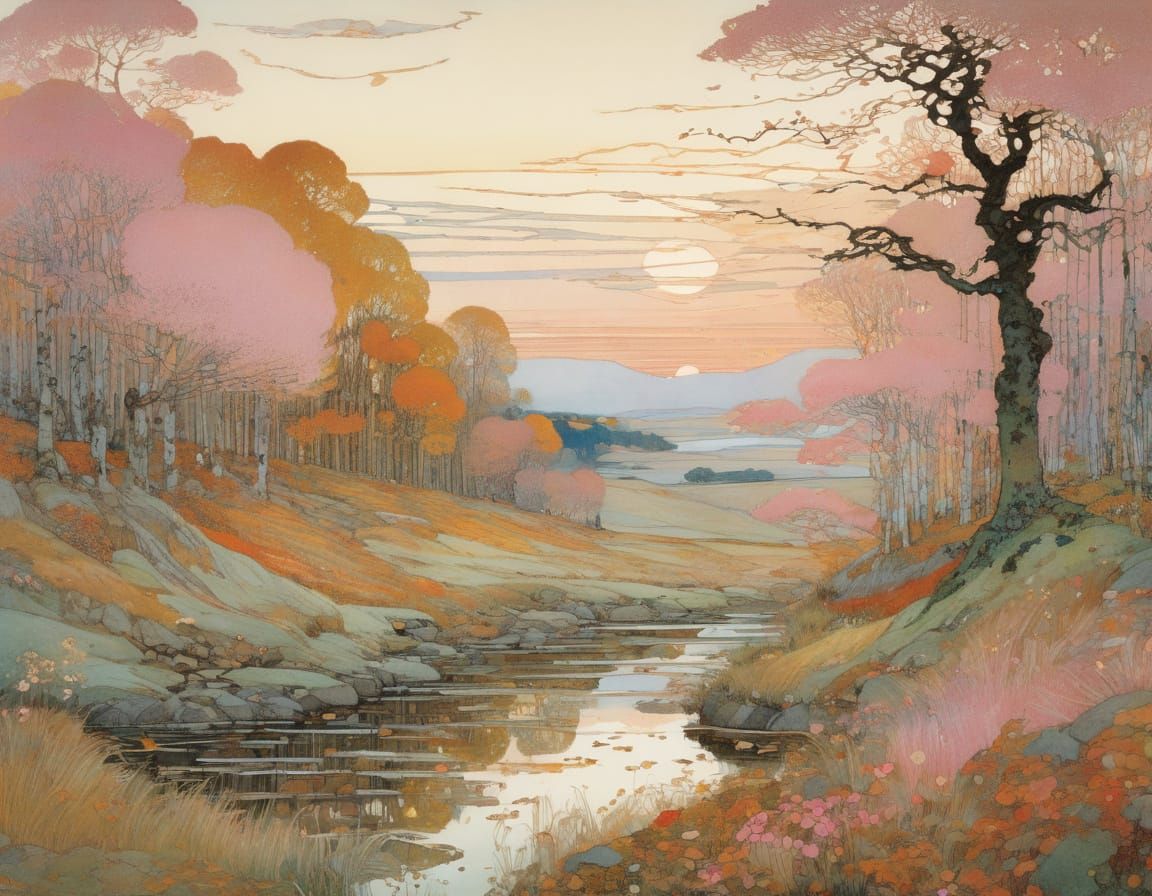 Autumn Landscape in Whimsical Art Nouveau Style