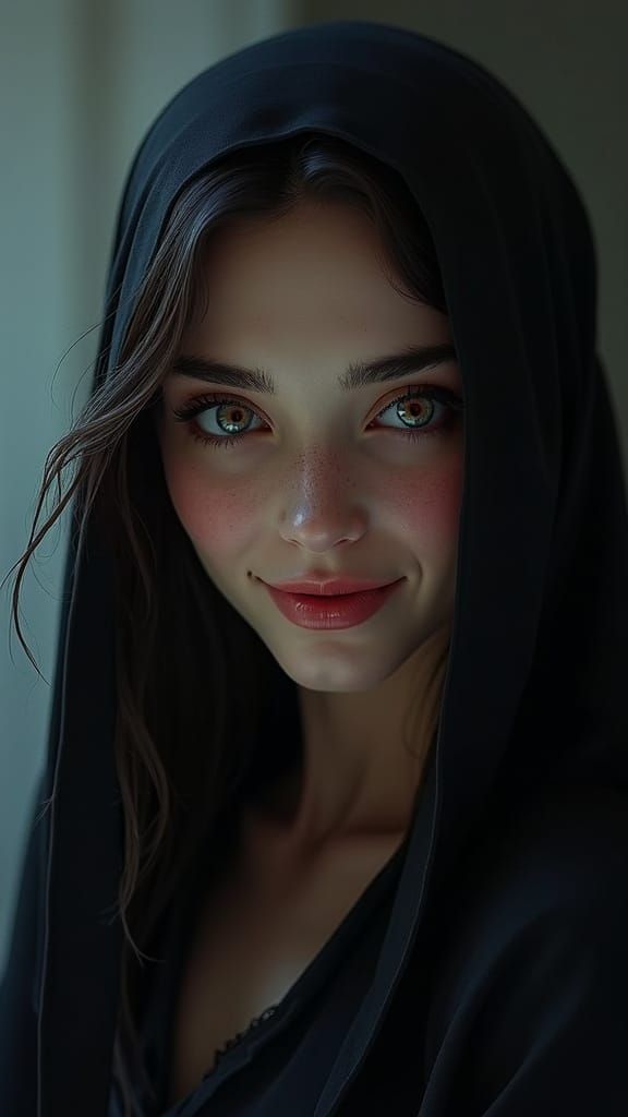 Brunette Woman Portrait with Reaper Silhouette