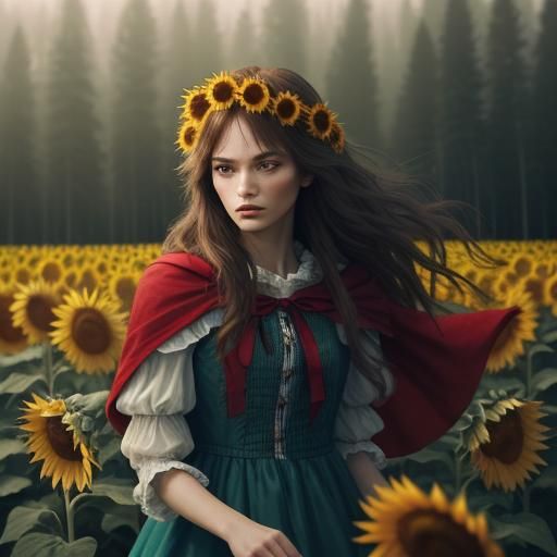 Hippy red riding hood 
Sunflowers all around intricate detai...
