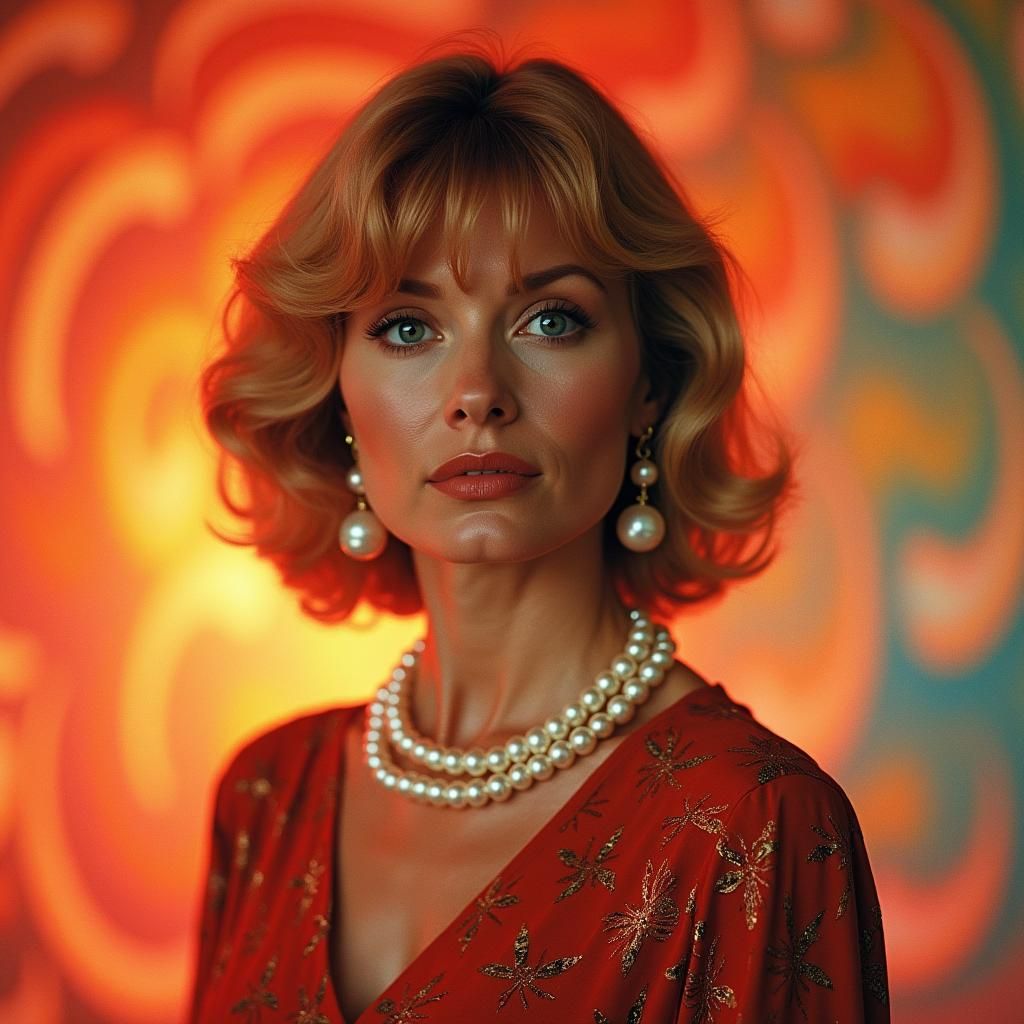 Elegant Actress of 1970s TV Glamour in Futuristic Neons