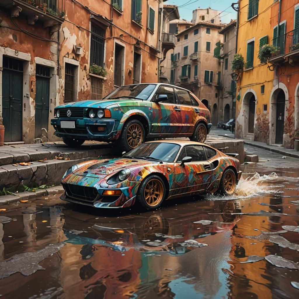 A Dramatic, Hyperrealistic Car in a Splash of Color