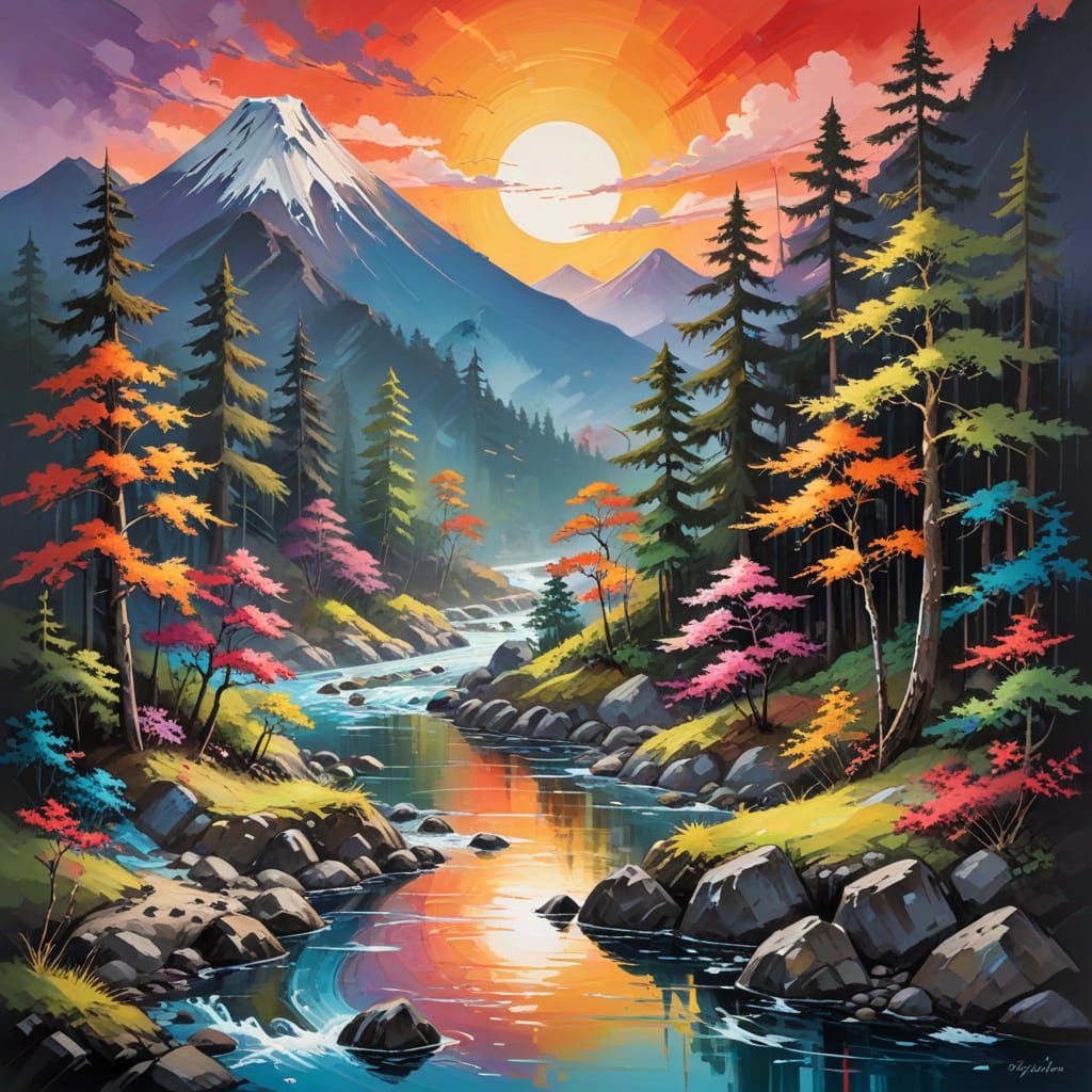 Abstract Sunset Mountain Landscape with Japanese Cultural El...