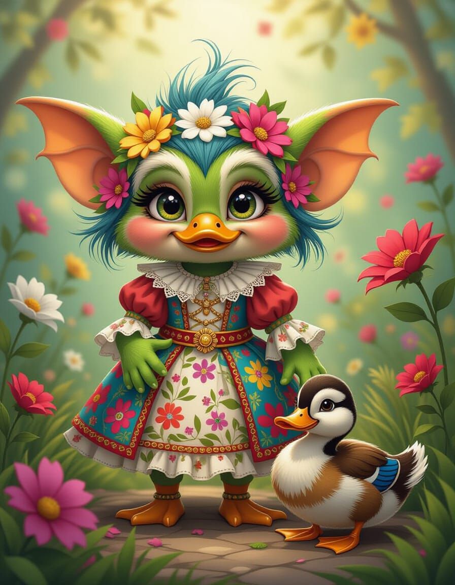 Patchwork Gremlin Portrait in Ornate Floral Dress