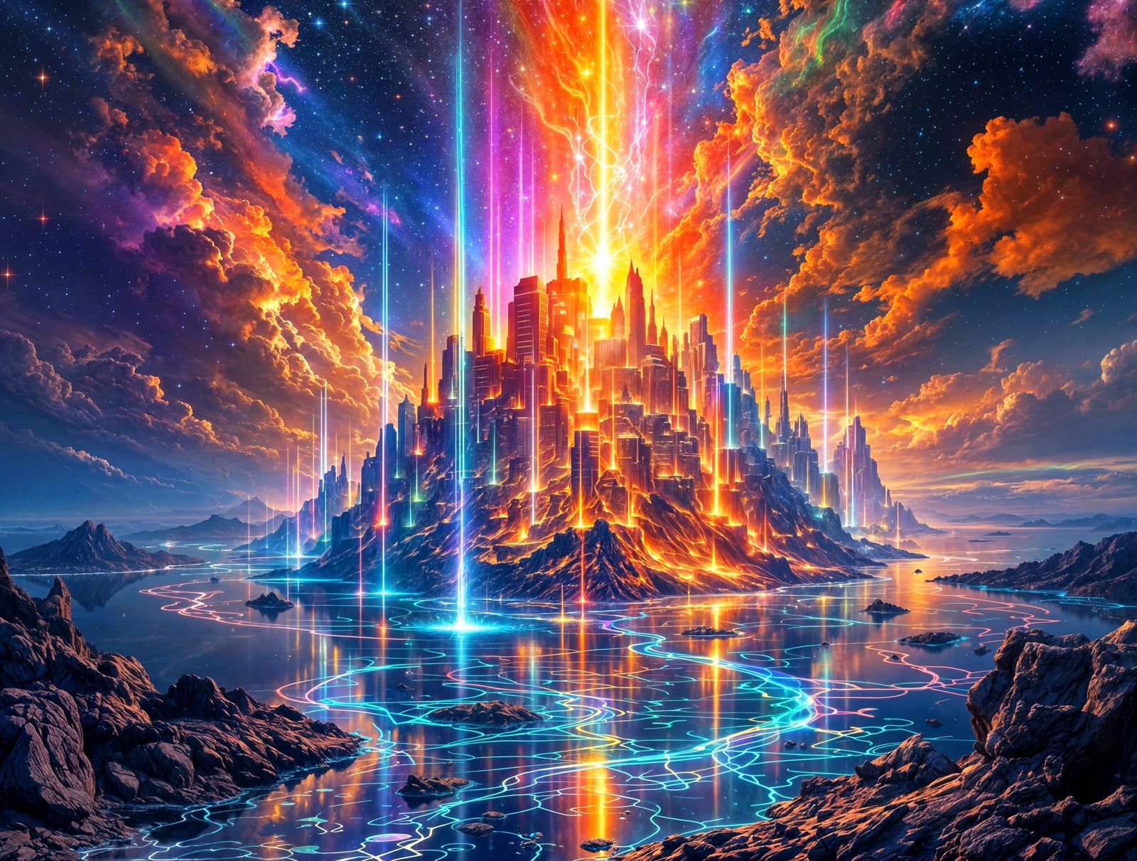 Ethereal Island Scene Radiant with Shimmering Fire Rainbows ...