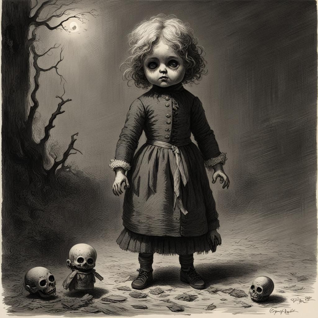 Macabre Portrait of a Little Doll in Dark Gothic Style