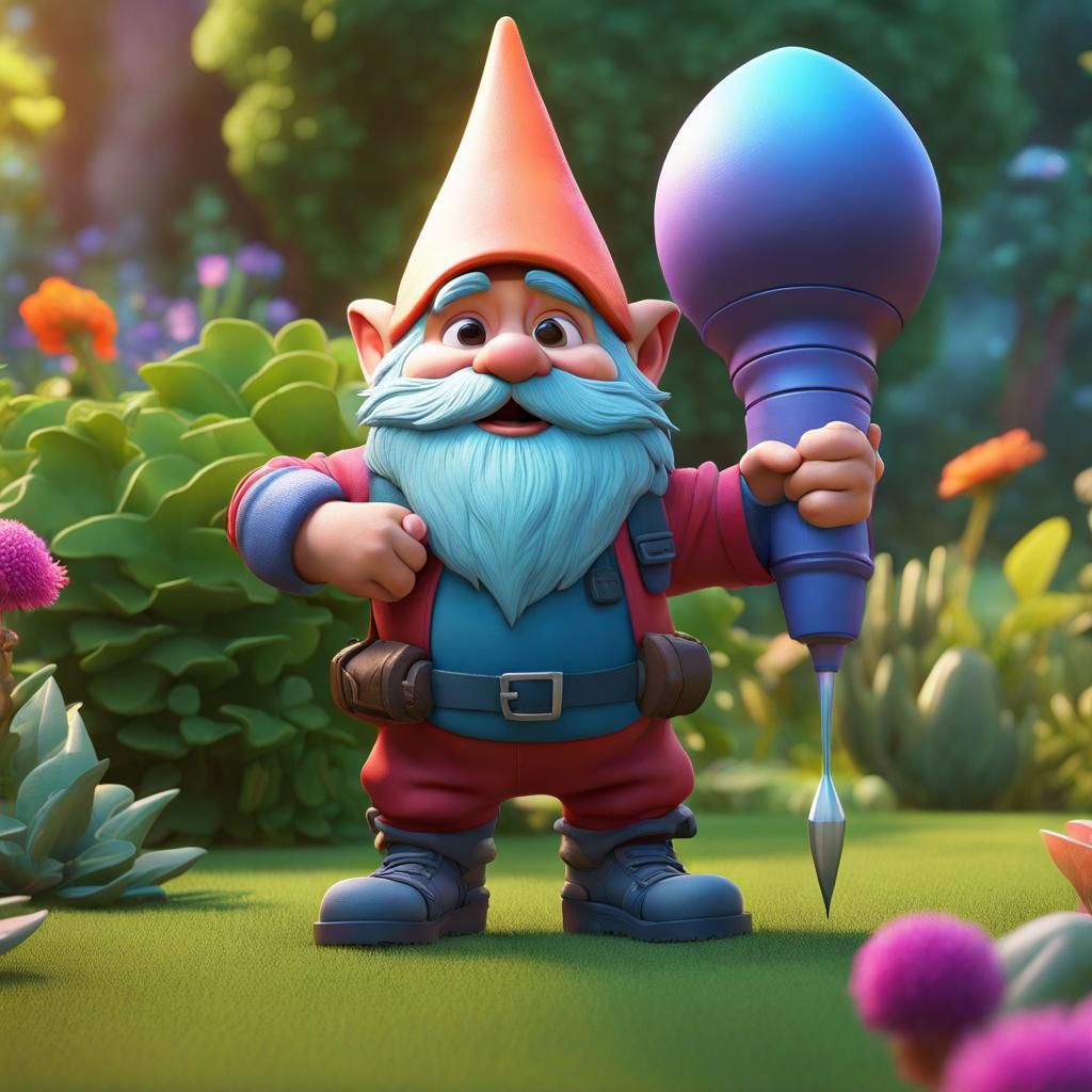 Gnome Wields Missile Launcher in Vibrant Garden
