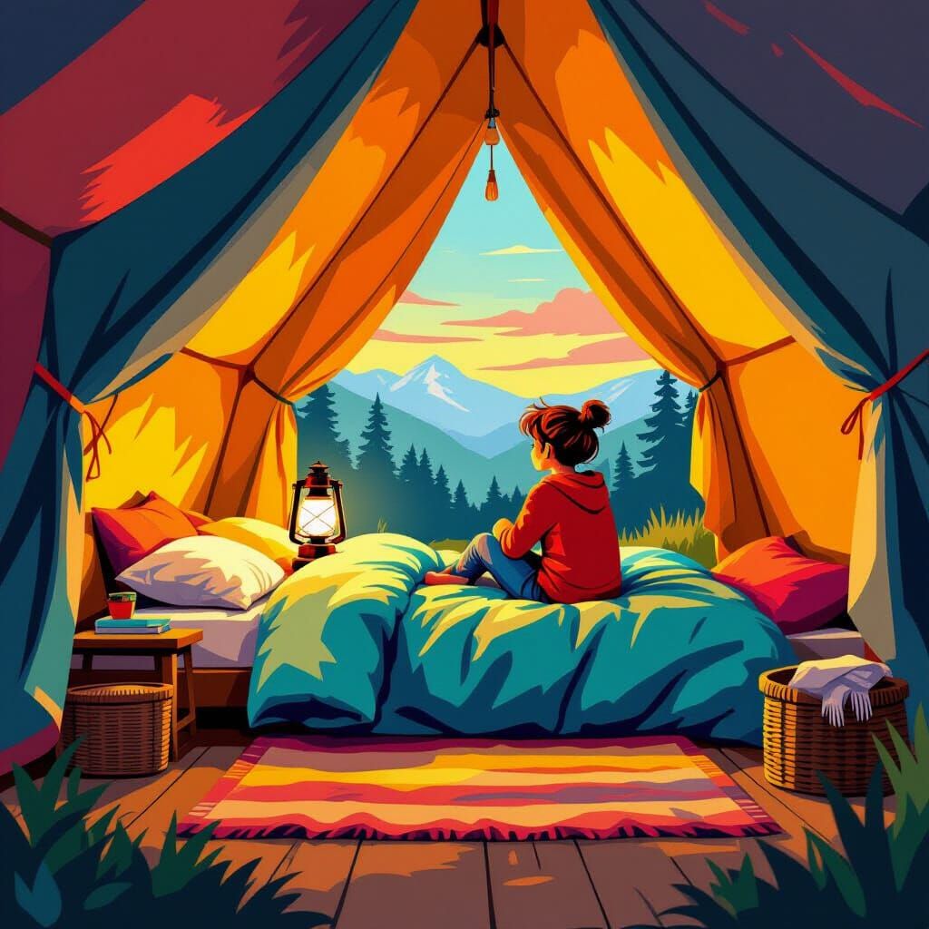 Cozy Tent Scene in Cartoon Style