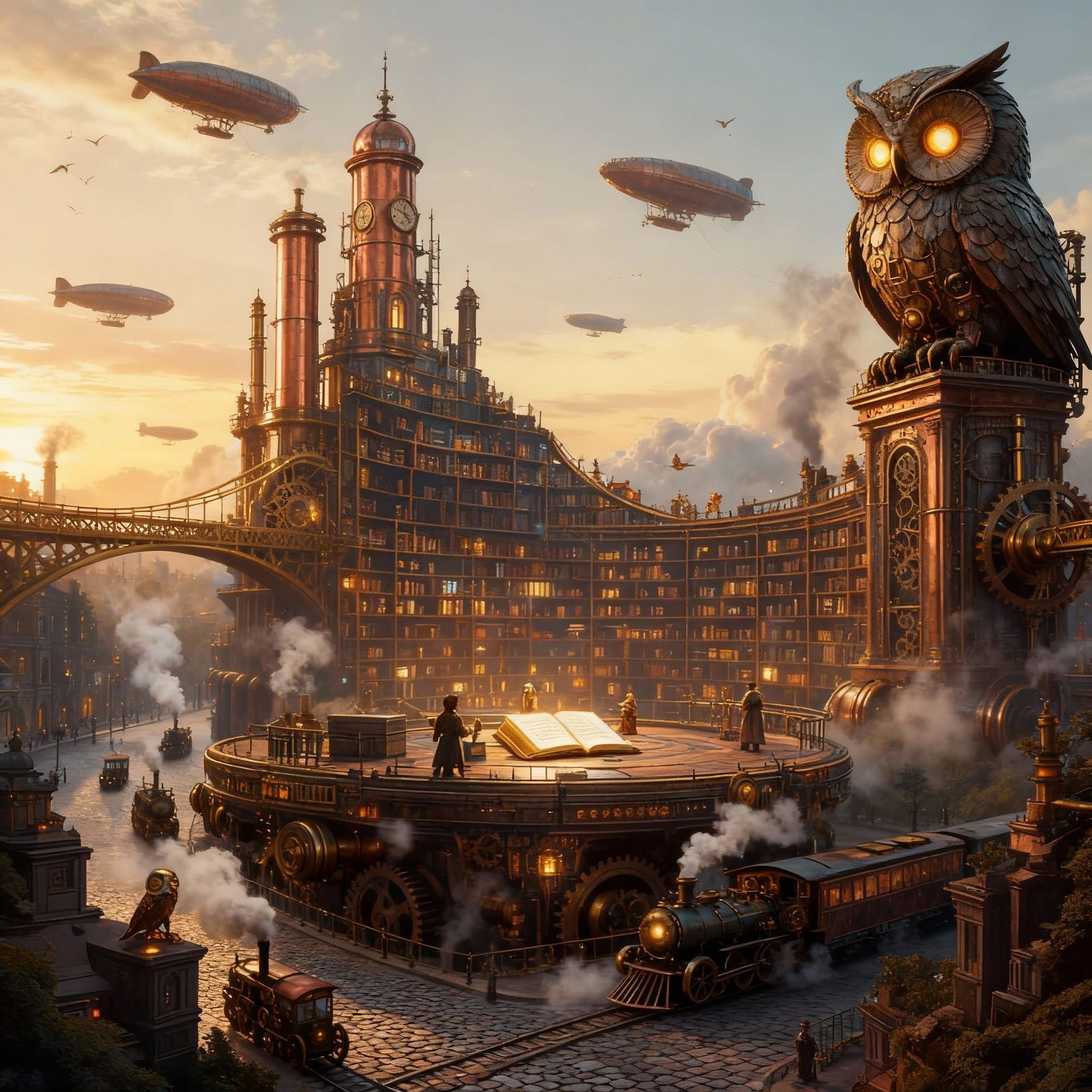 Steampunk Cityscape with Mechanical Owl Guardian