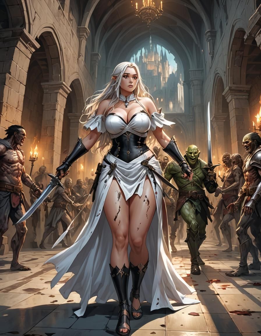 Female Warrior Defends Elf Lord in Fantasy Castle