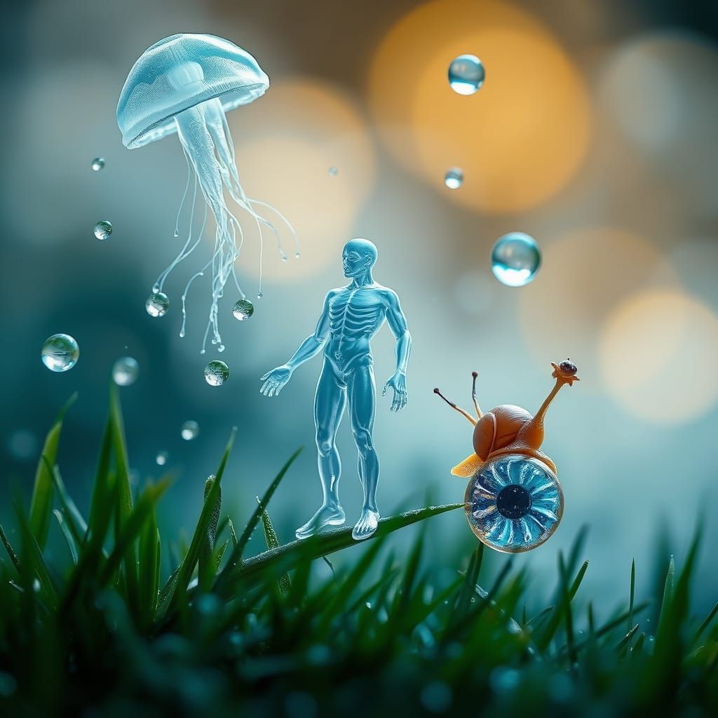 Translucent Water Humanoid on Dewy Grass: Macro Photo