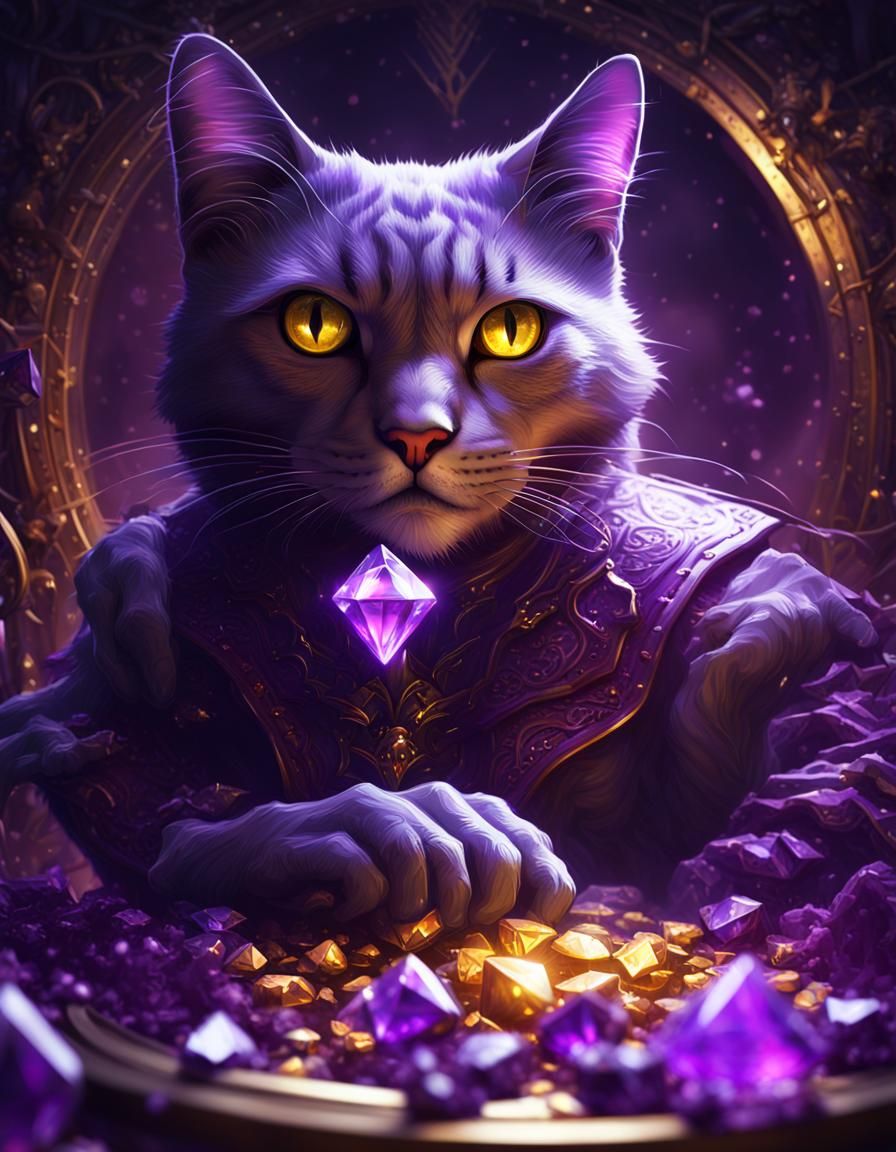 Whimsical Cat Devours Radiant Purple Gemstone in Dark Fantas...